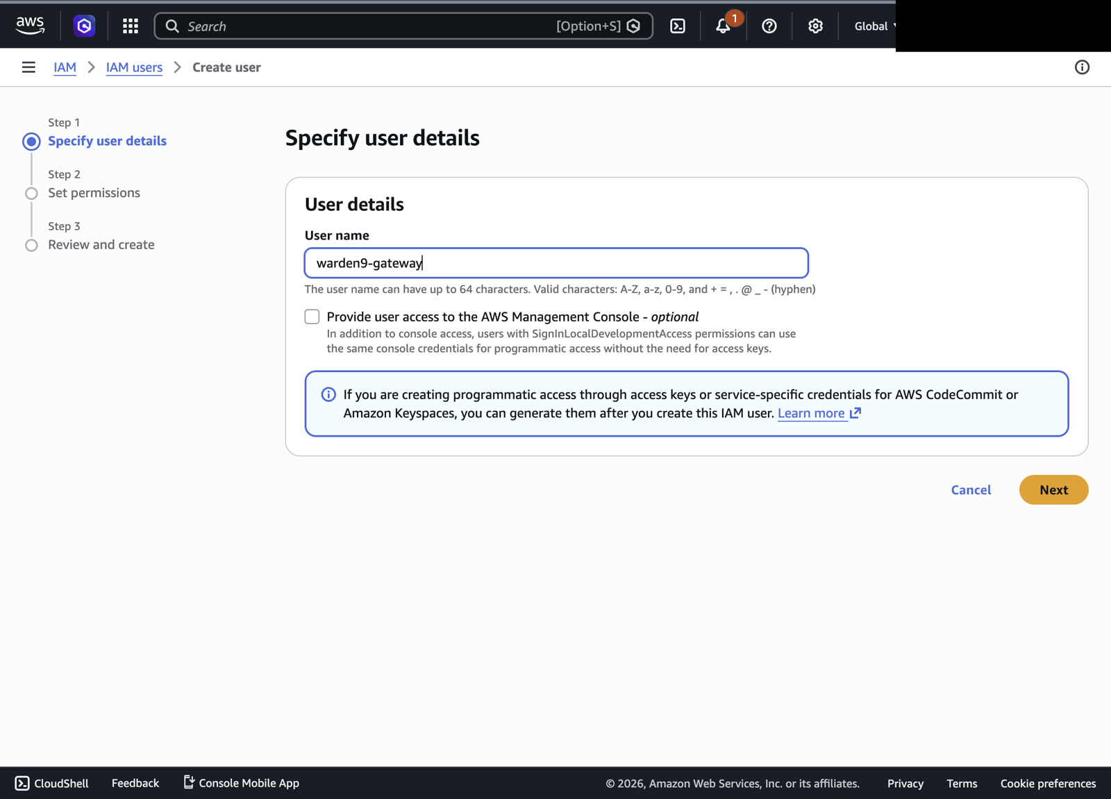 Creating an IAM user named warden9-gateway with console access disabled