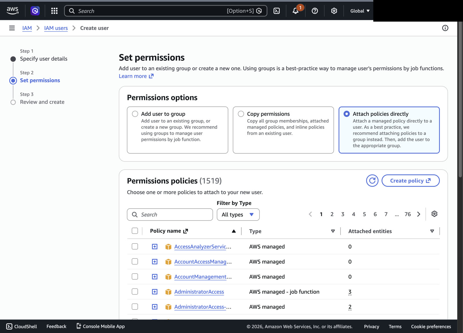 The Set permissions step with Attach policies directly selected