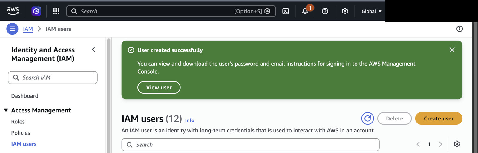 AWS confirms the IAM user was created successfully