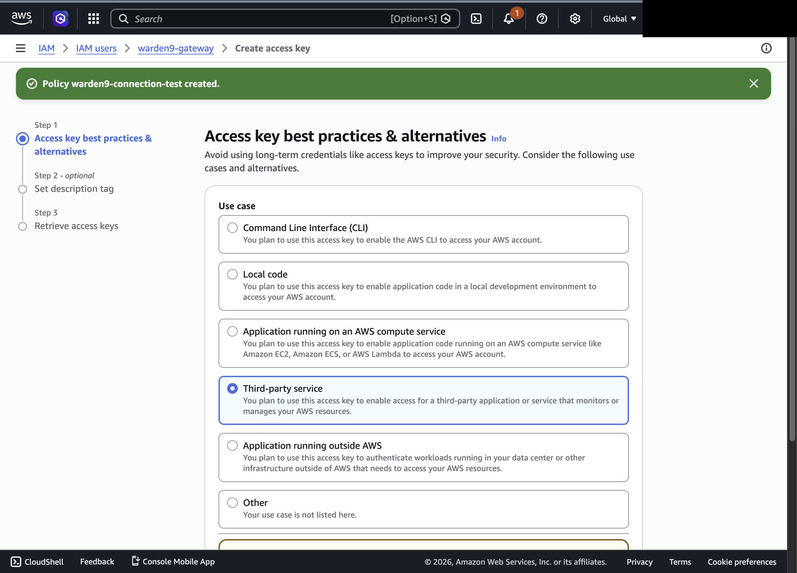 Choosing the Third-party service use case for the access key