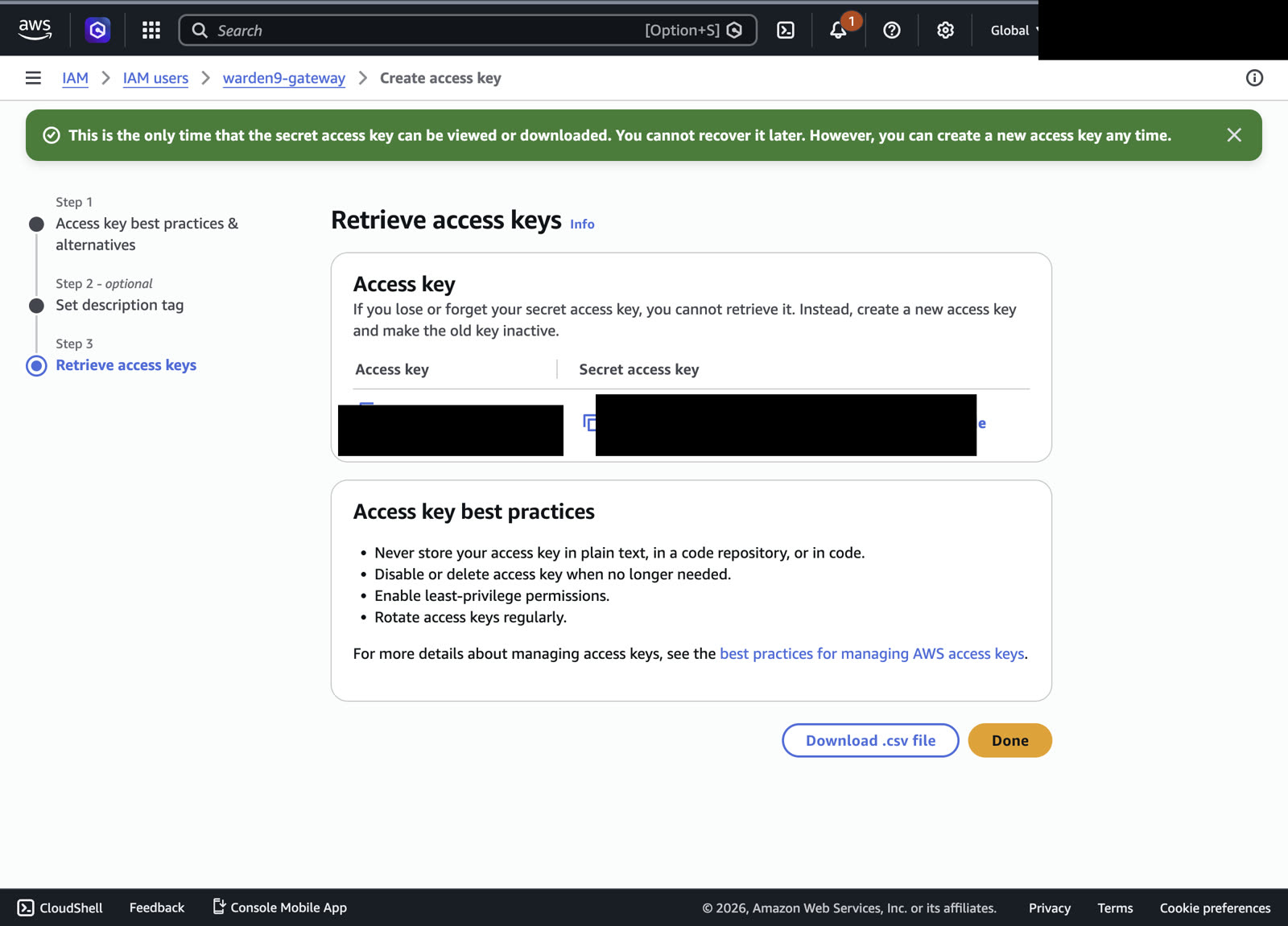 The Retrieve access keys screen — copy both values now, the secret is only shown once