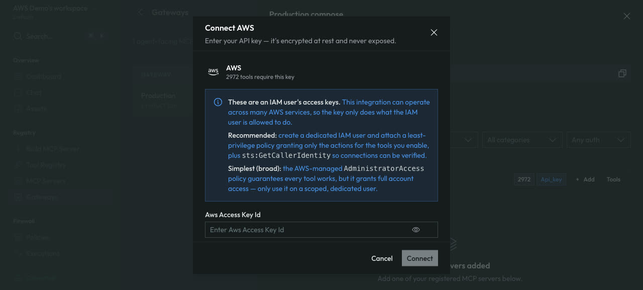 The Connect AWS dialog explaining the IAM key requirements