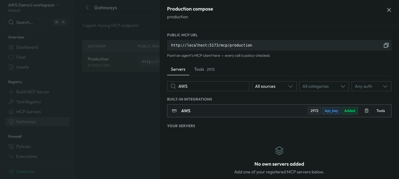 The AWS integration added to a Warden9 gateway