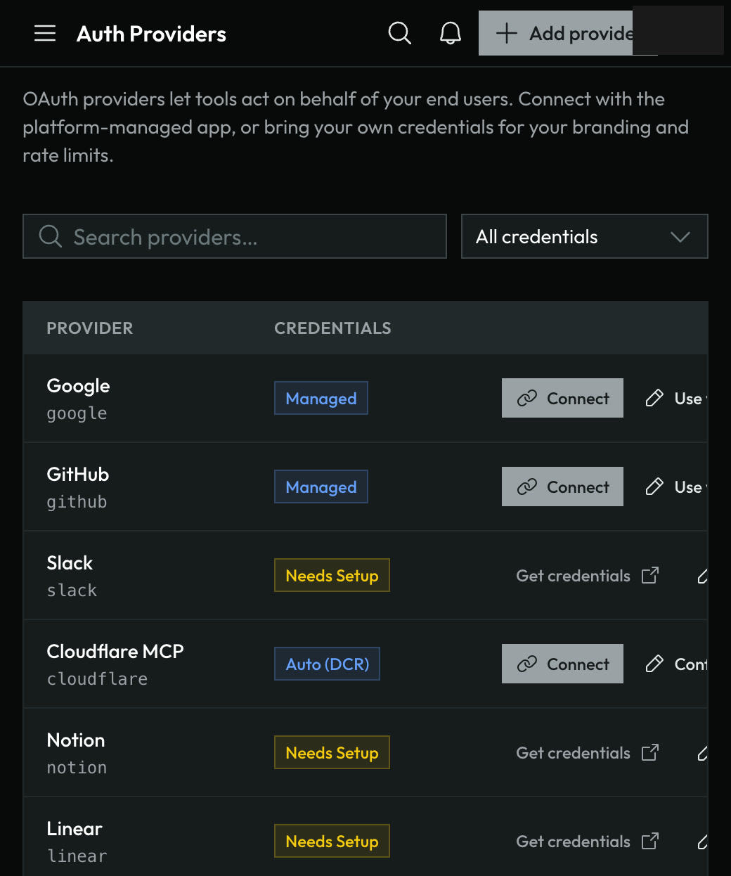 The Auth Providers page with GitHub showing a Managed credentials badge