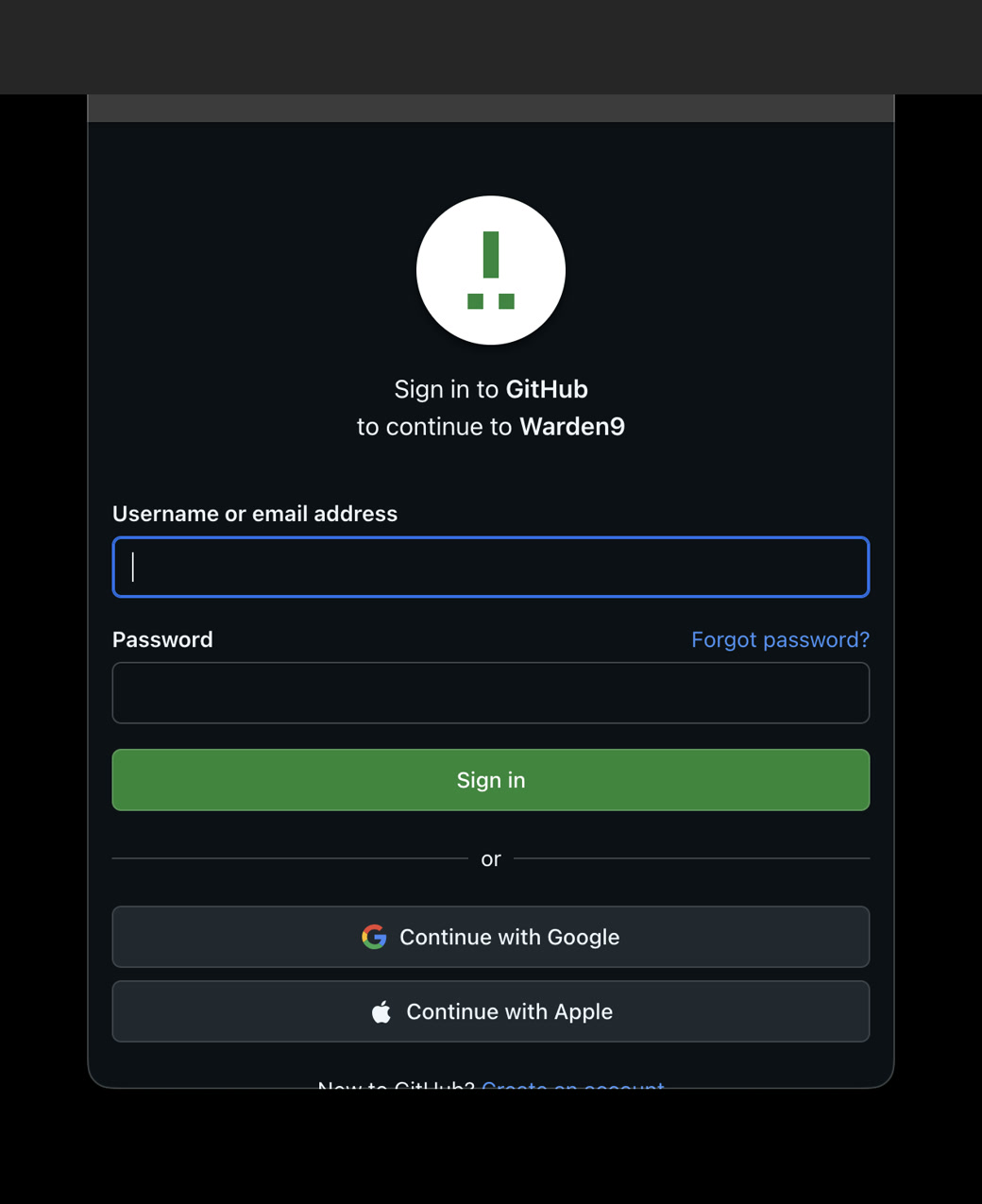 GitHub's sign-in screen for the Warden9 OAuth application