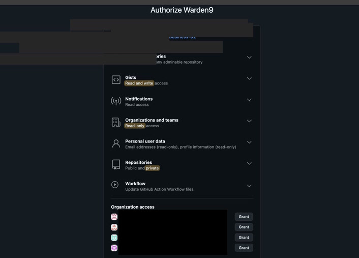 GitHub's OAuth authorization screen listing the requested scopes