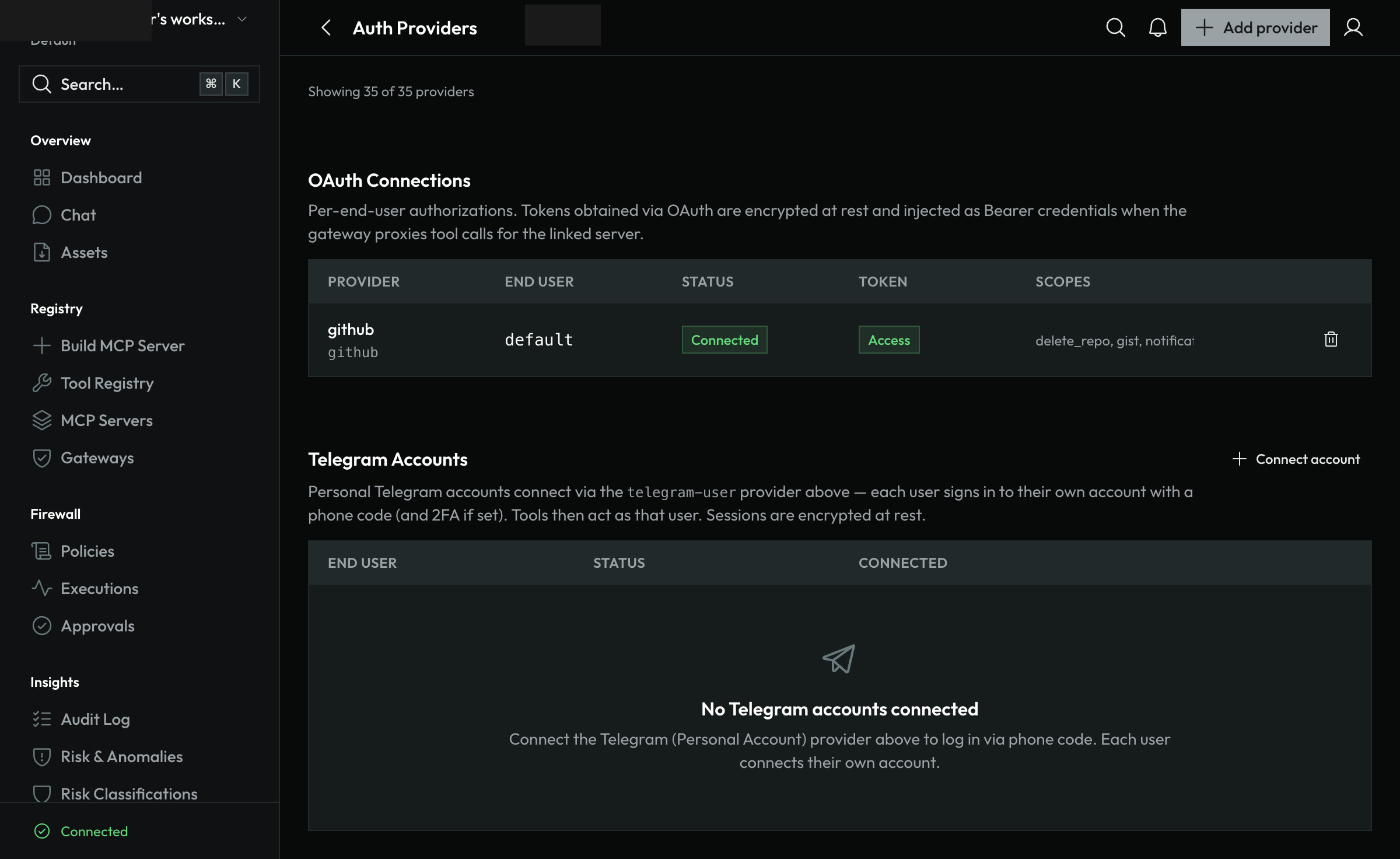 The OAuth Connections table showing GitHub connected with granted scopes