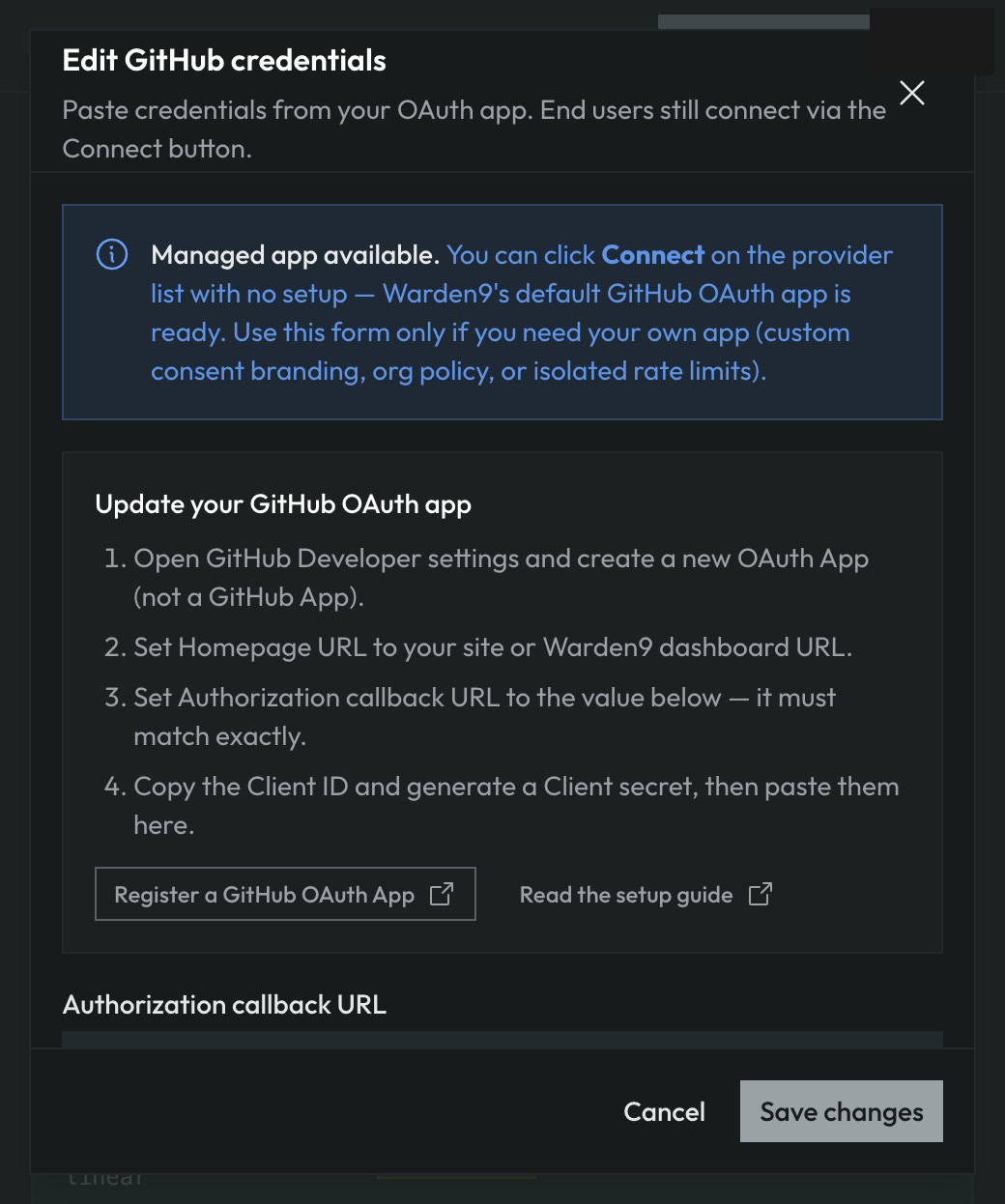 The Bring your own GitHub OAuth app modal with callback URL and credential fields