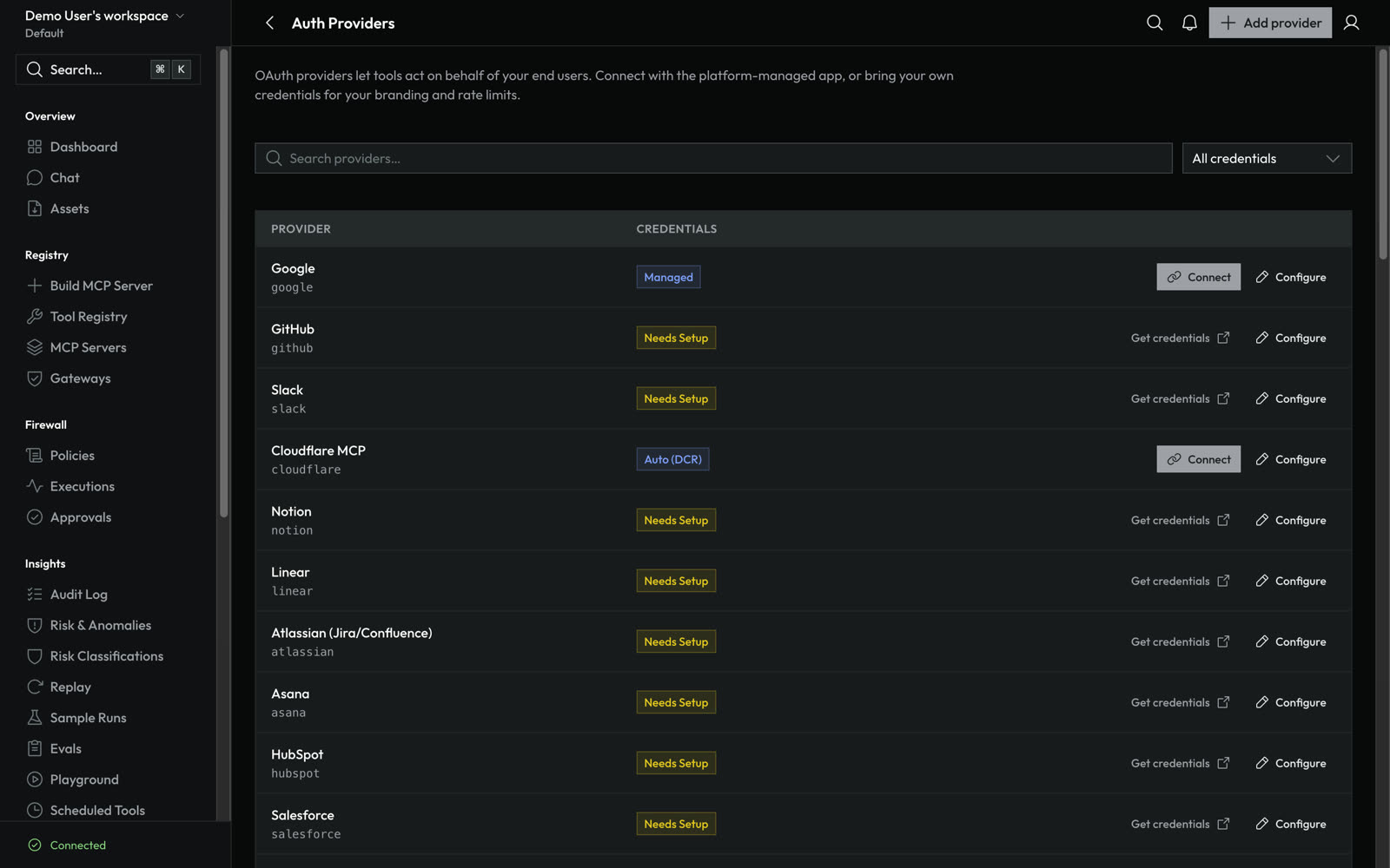 The Auth Providers page with Google showing a "Managed" credentials badge