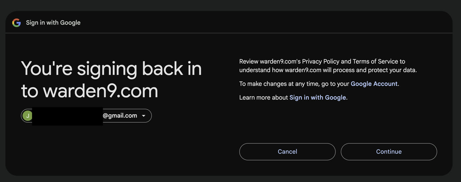 Google's "You're signing back in to warden9.com" confirmation
