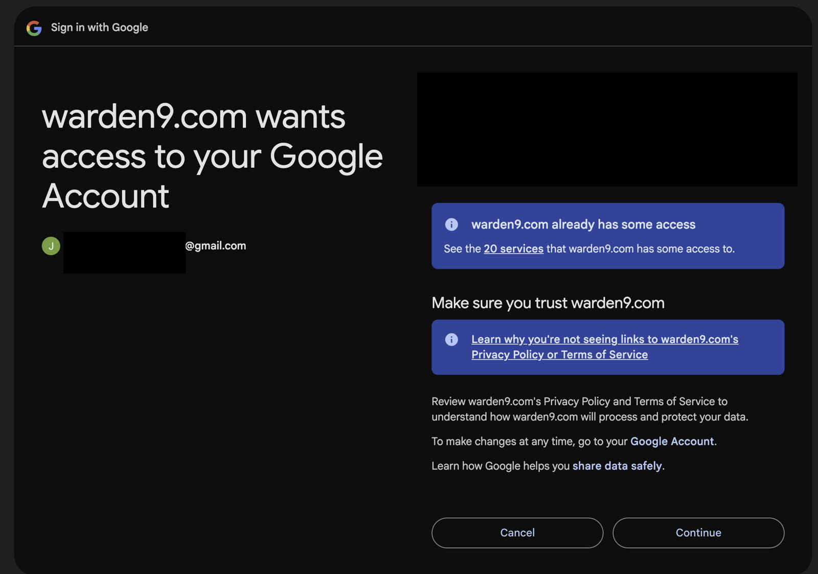 Google's "warden9.com wants access to your Google Account" screen