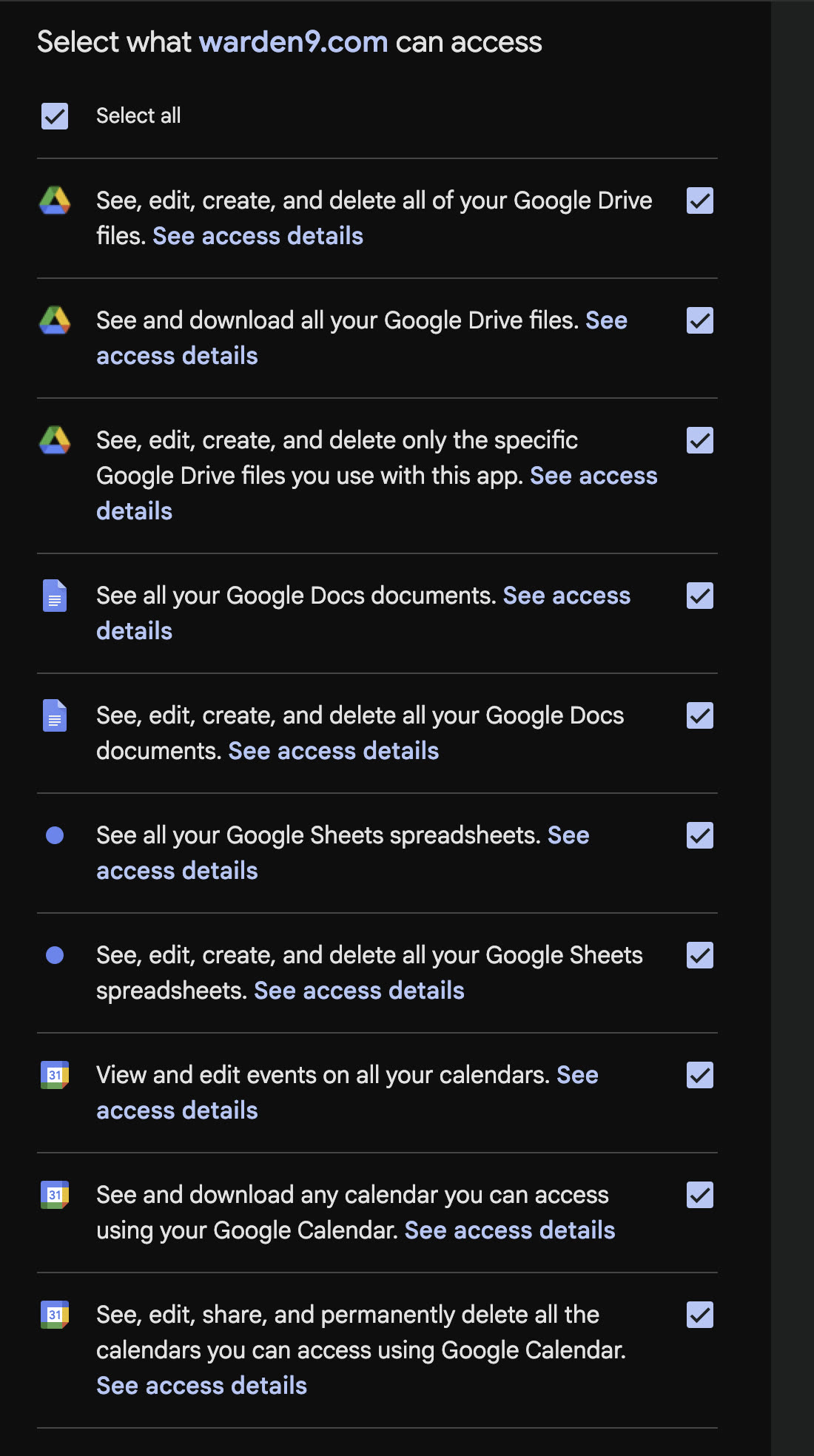 The granular Google scope selection screen