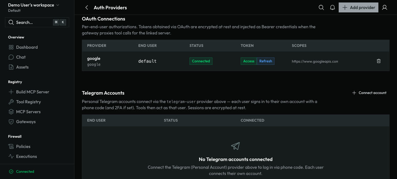 The OAuth Connections table showing Google connected with access and refresh tokens