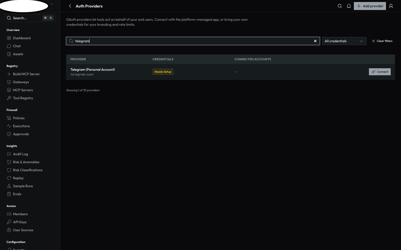 The Auth Providers page showing the Telegram (Personal Account) row marked Needs Setup with a Connect button