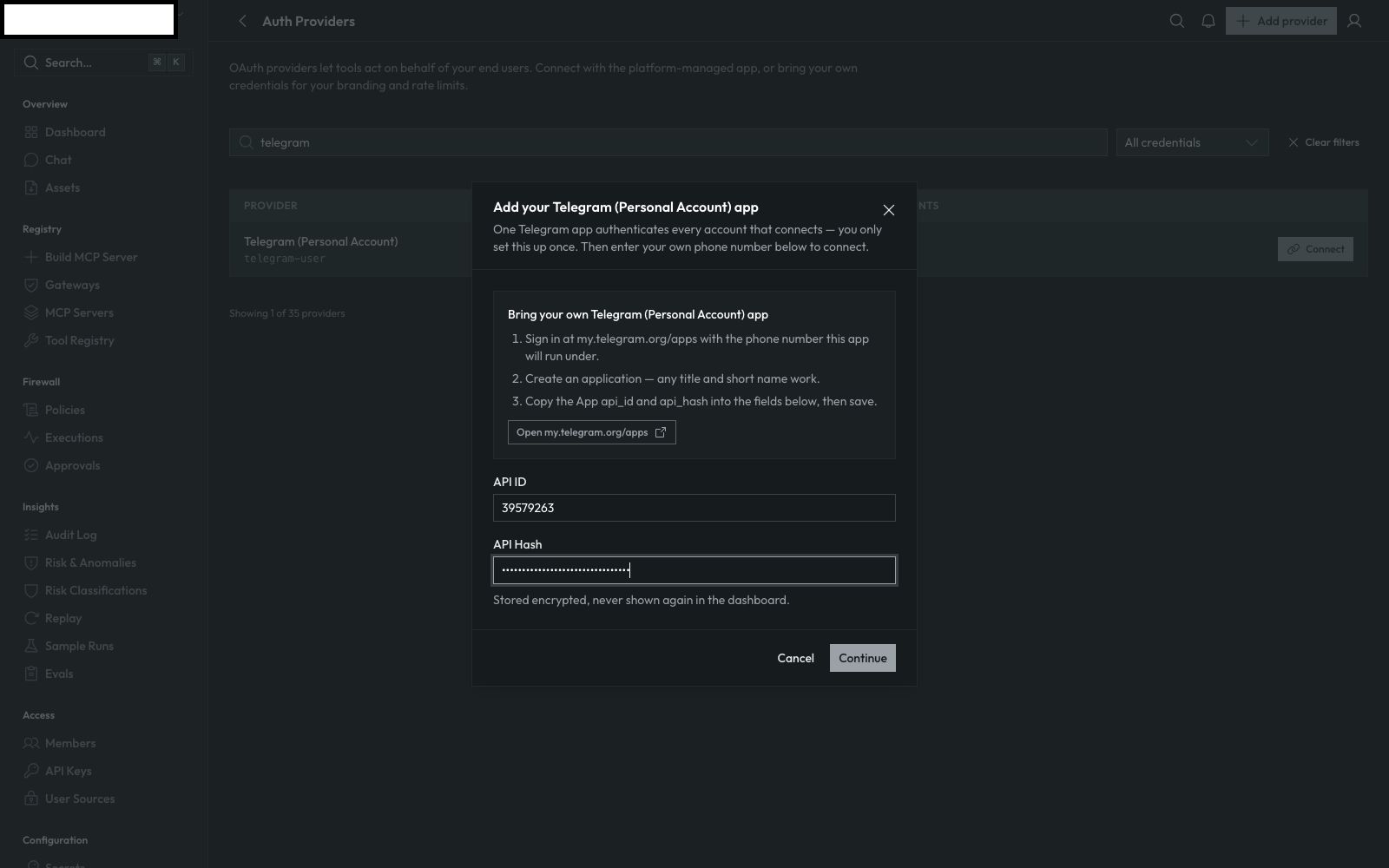 The Add your Telegram app step with API ID and API Hash filled in, and a link to my.telegram.org/apps