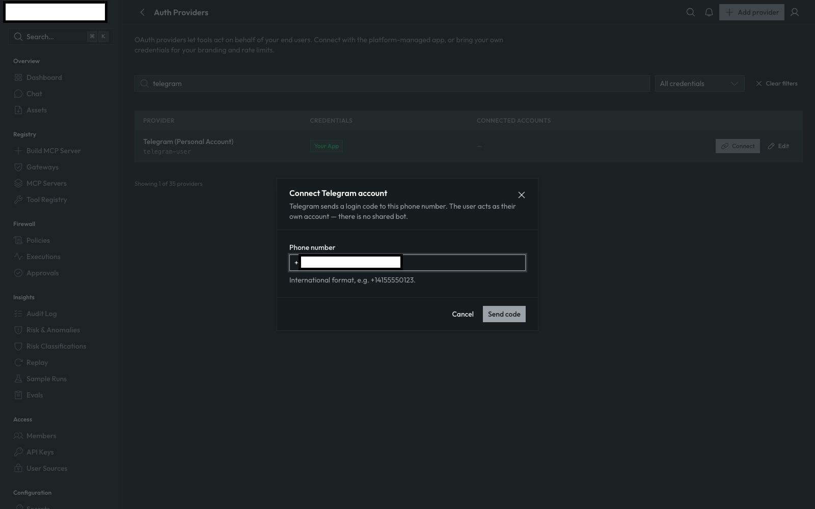 The Connect Telegram account step asking for a phone number in international format