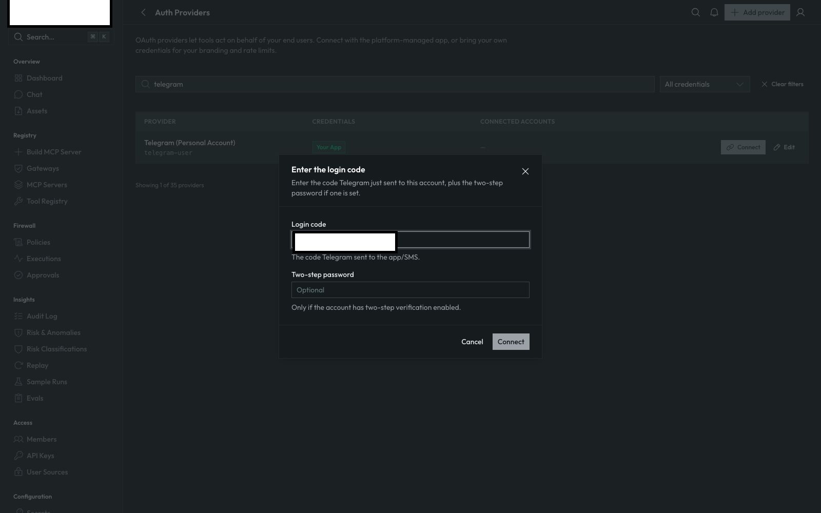 The login code step with a code and two-step password entered