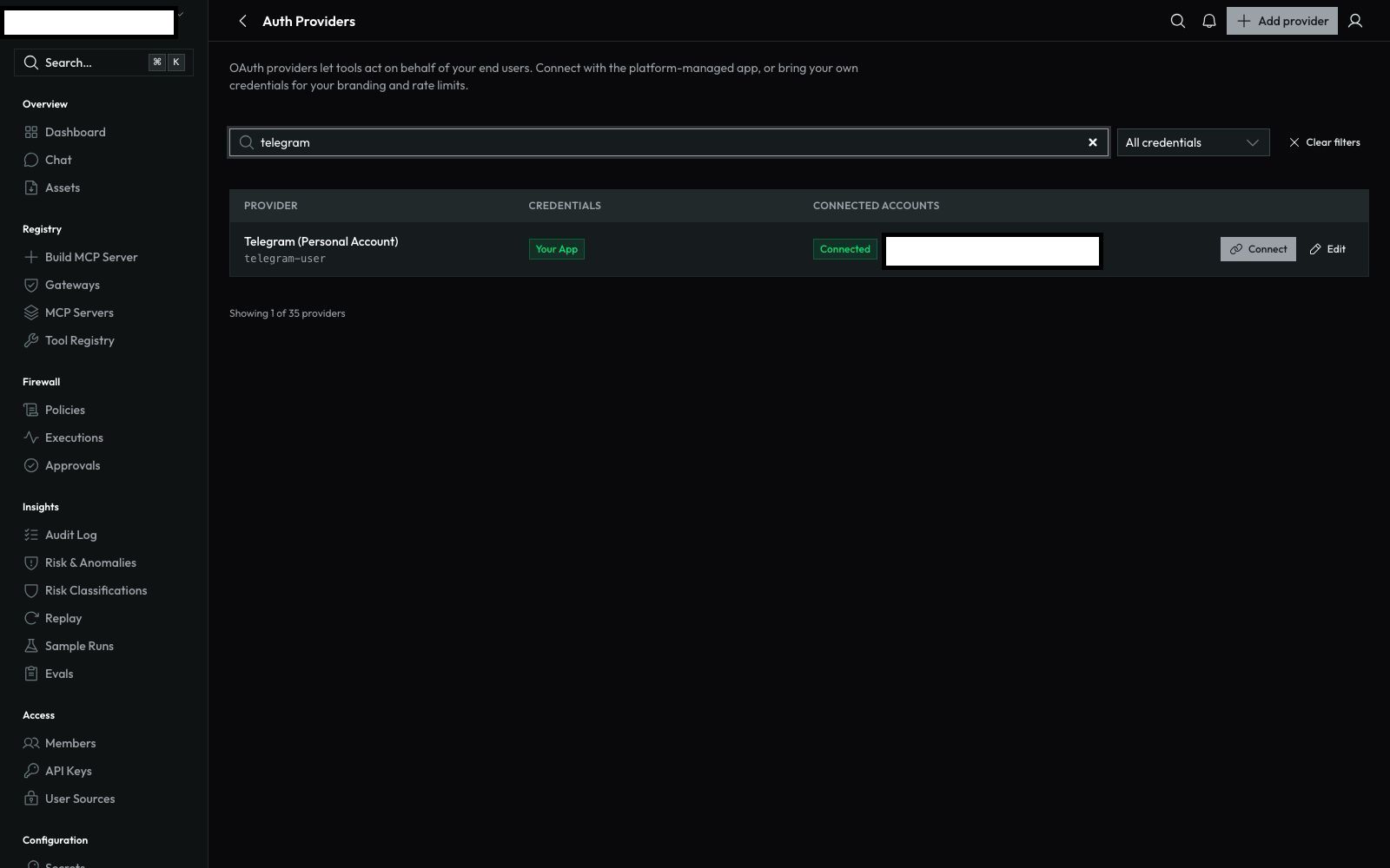 The Telegram row showing Your App credentials and a connected account with a Disconnect action