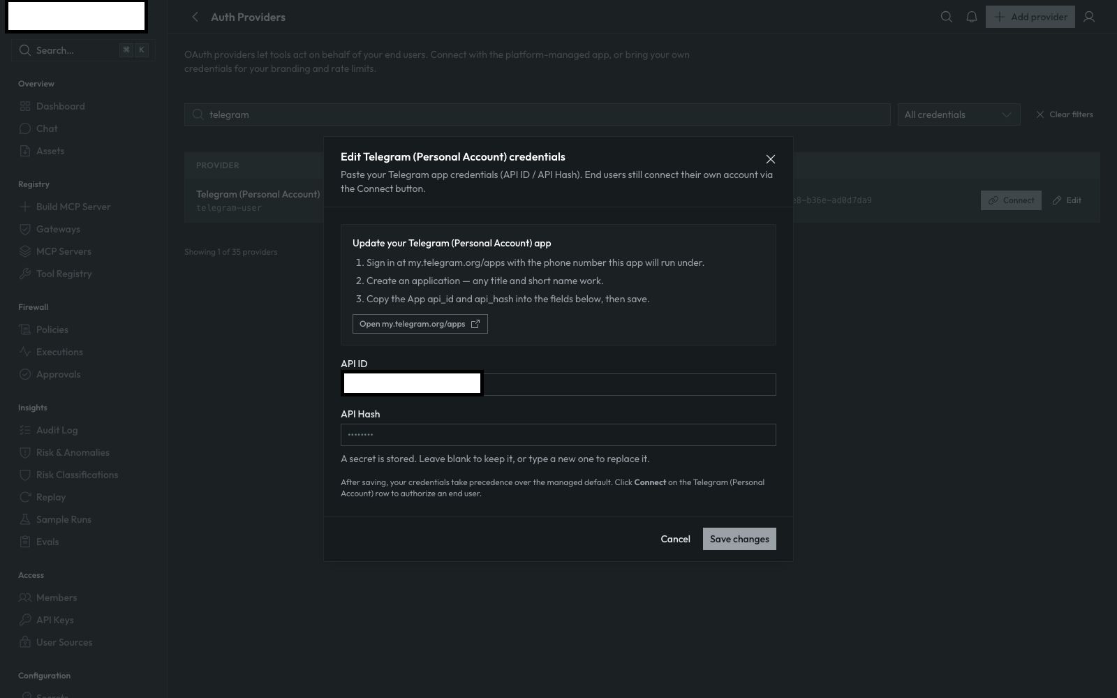 The Edit Telegram credentials form, prefilled with the stored API ID
