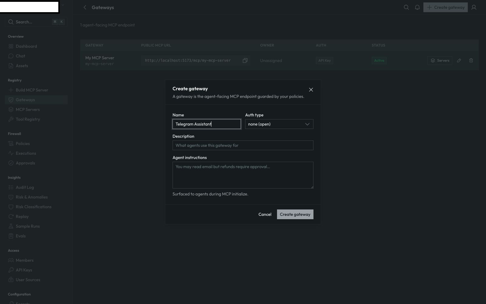 The Create gateway dialog with a plain Name field