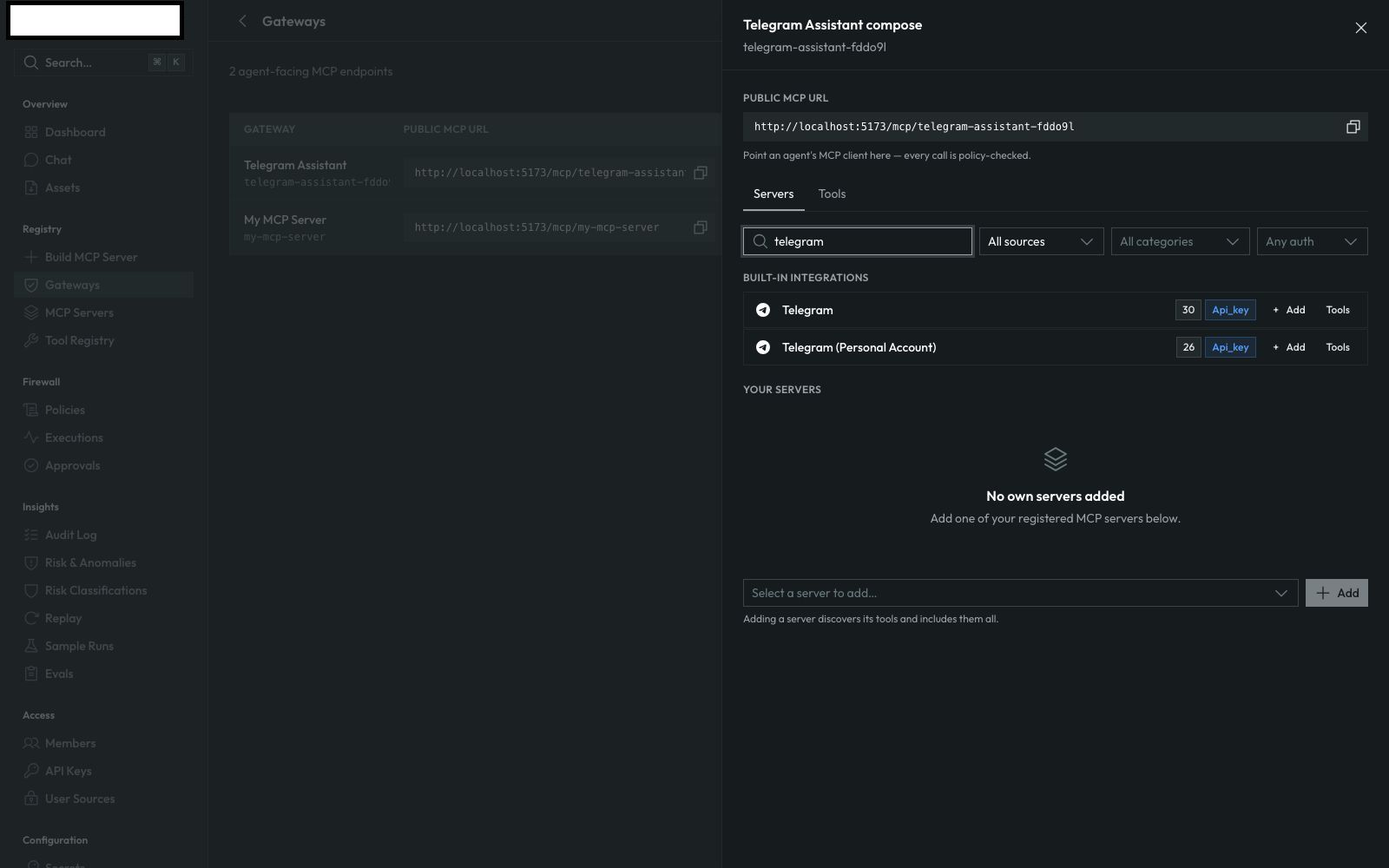 The gateway composer search showing both the Telegram bot integration and Telegram (Personal Account)