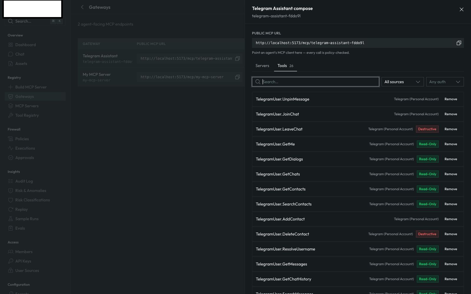 The Tools tab listing 26 TelegramUser tools with read-only and destructive risk tags