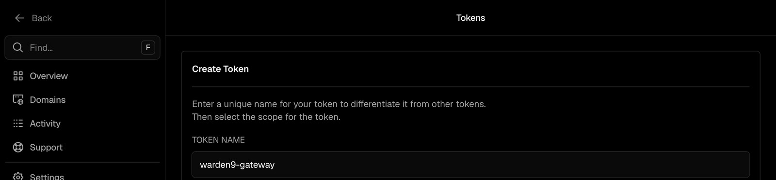 The Vercel Tokens page with the Create Token card visible