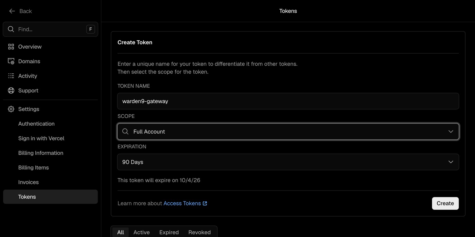 The token form with name set to warden9-gateway, scope selected, and expiration open