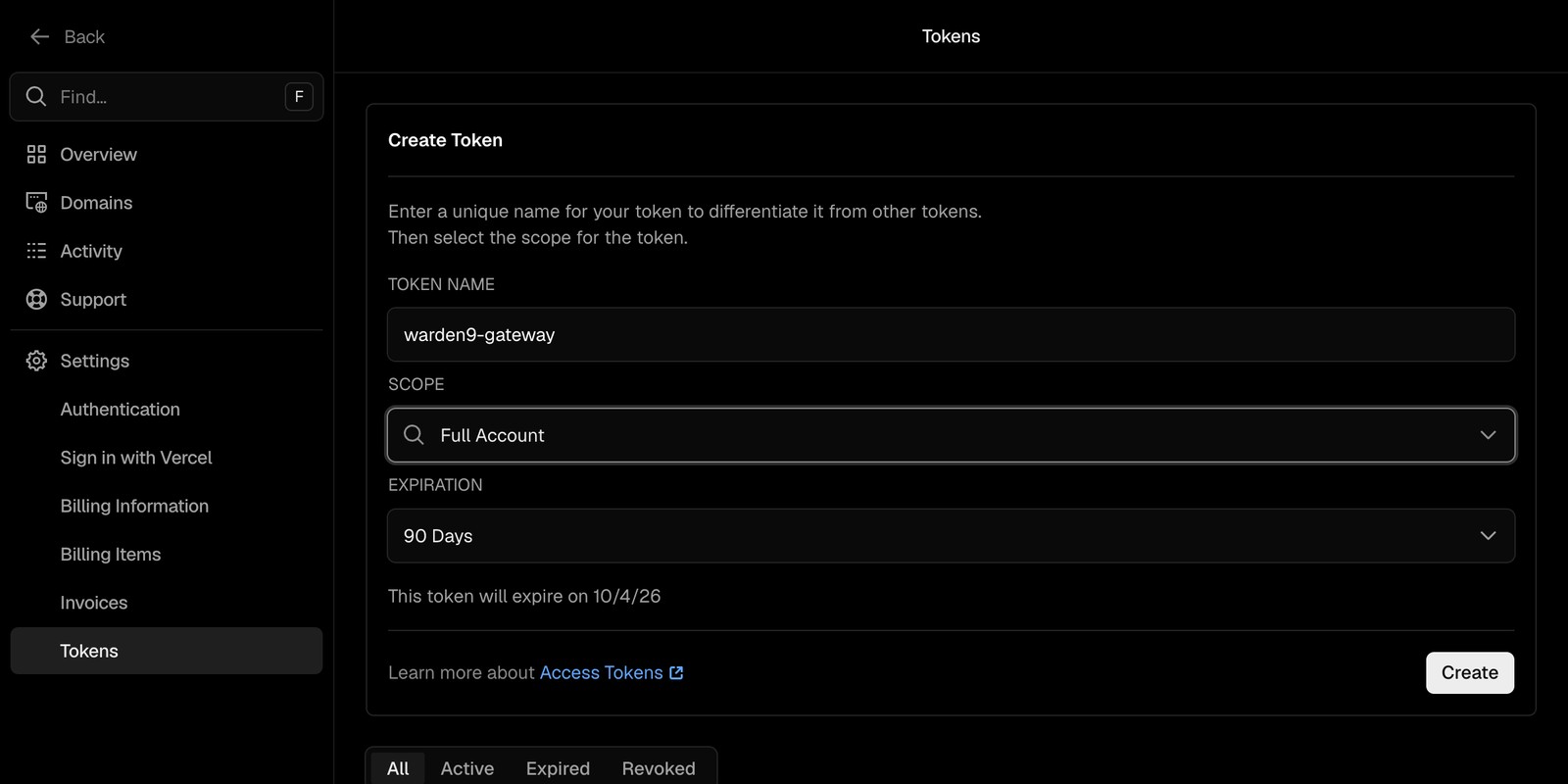 The token form ready to create with name, scope, and 90-day expiration set