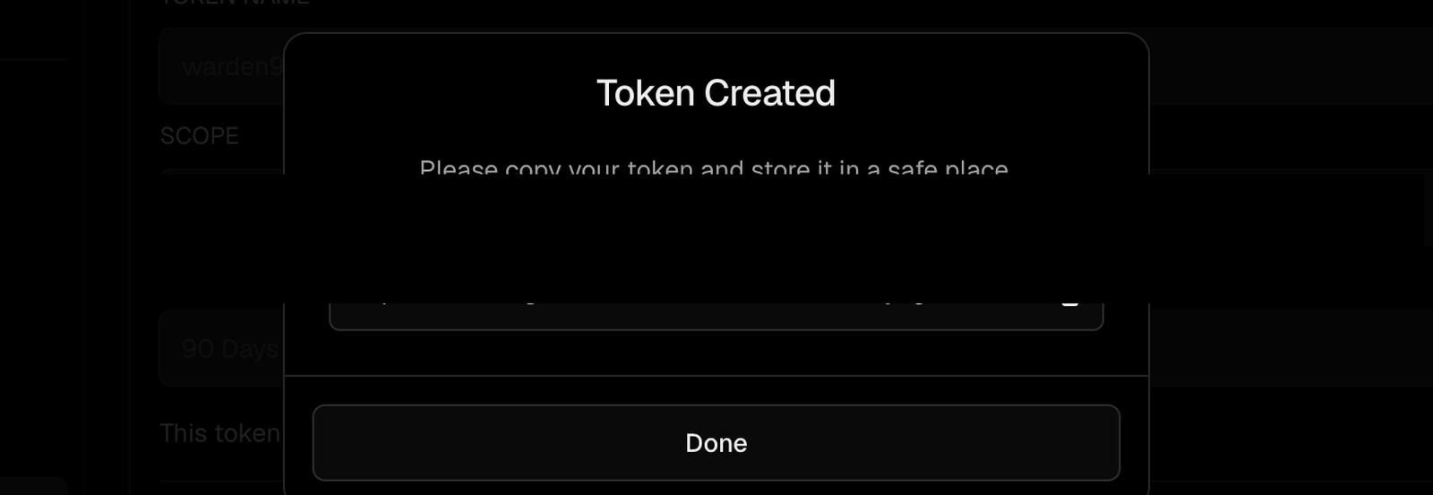 The Token Created modal showing the new Vercel API token