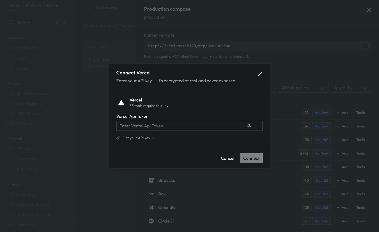 The Connect Vercel dialog asking for the Vercel API token