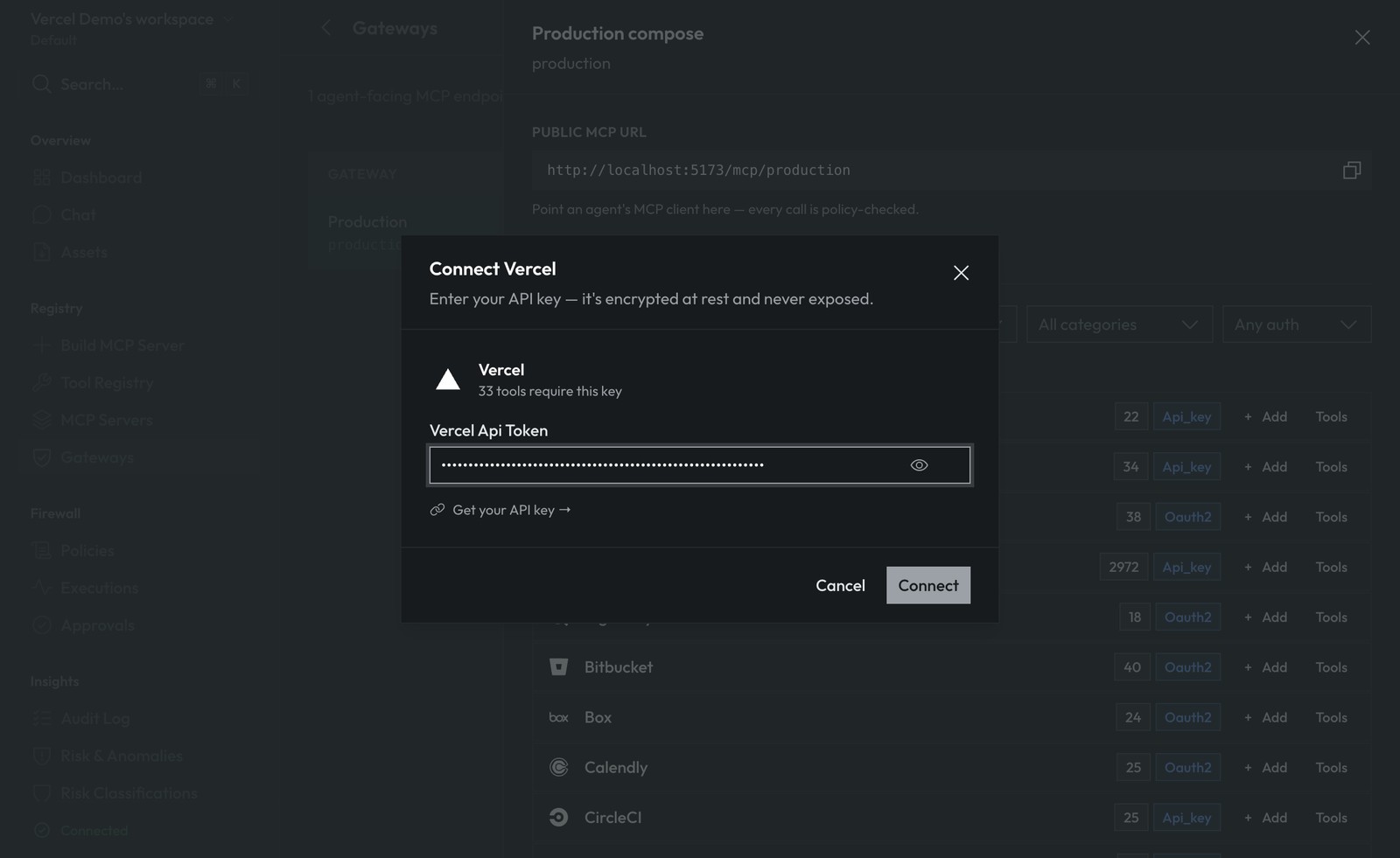 The Connect Vercel dialog with the token field filled